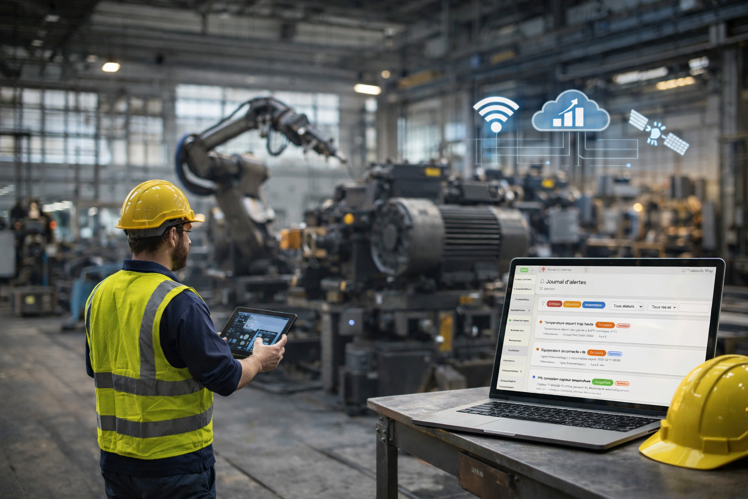 Dashboard IoT maintenance industrielle en usine avec technicien sur tablette.