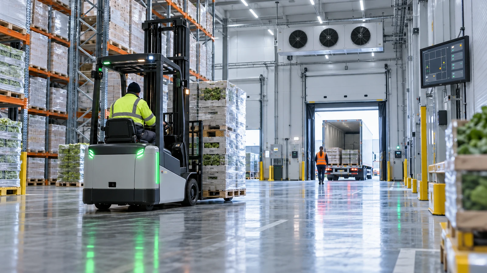 Entrepôt logistique à température dirigée avec chariot élévateur électrique, éclairage LED et quai de chargement, illustrant l'efficacité énergétique logistique