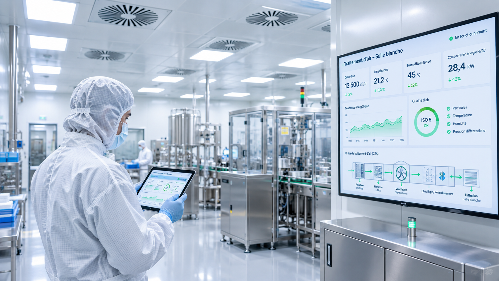 salle blanche pharmaceutique avec supervision énergétique du traitement d'air