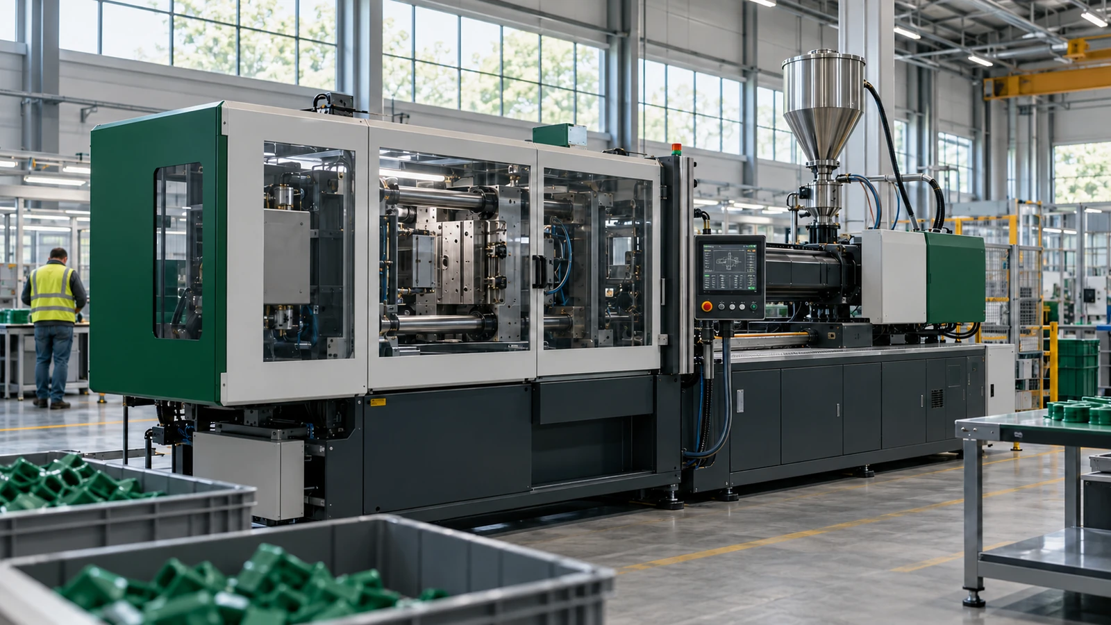 Presse à injection plastique en fonctionnement dans un atelier de plasturgie industriel