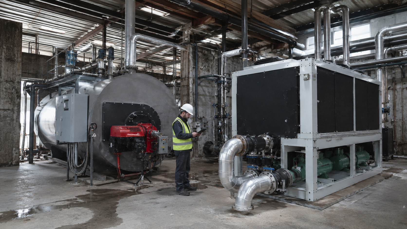 Chaudiere electrique et pompe a chaleur industrielle dans une usine, electrification des procedes