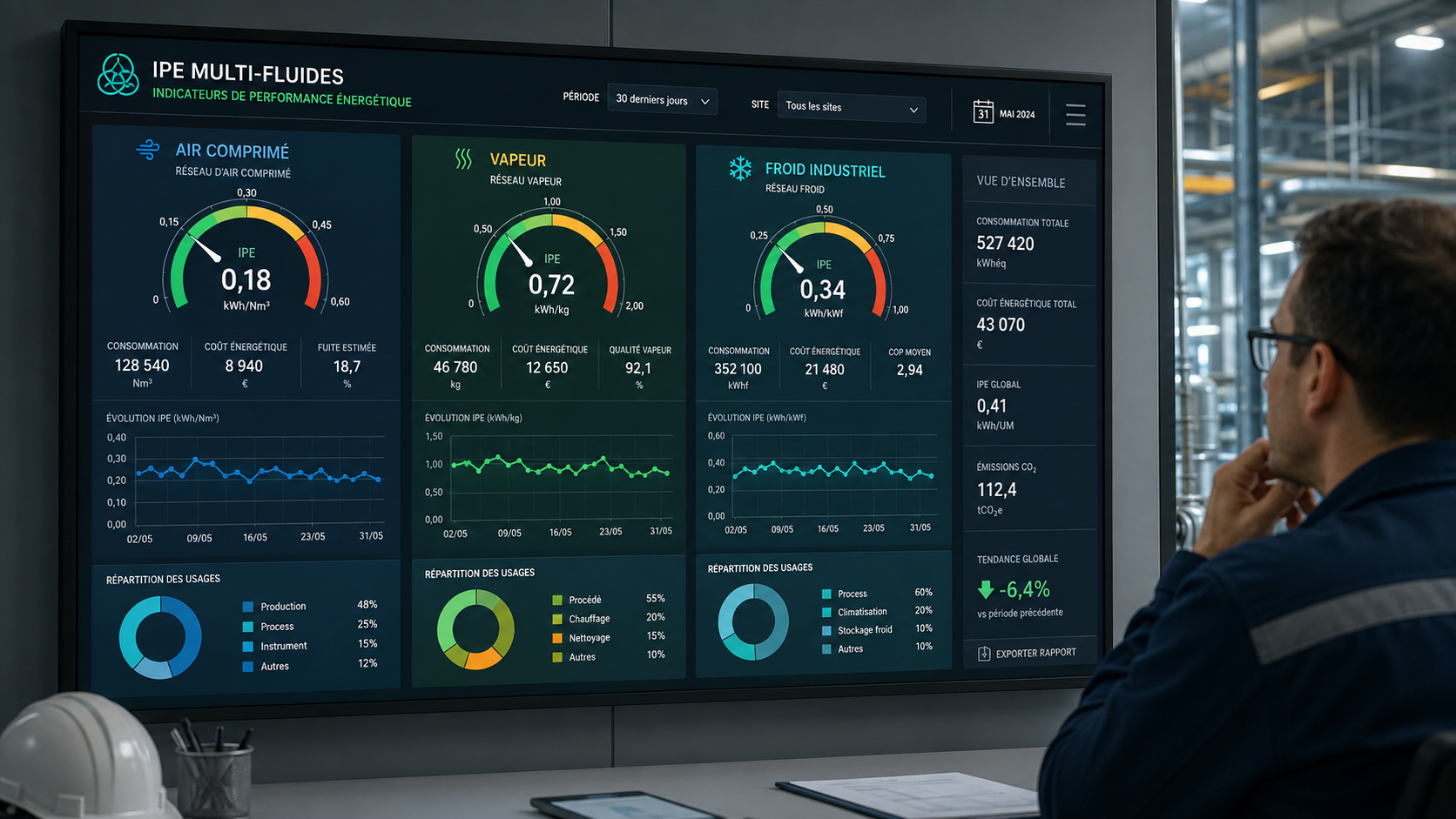 tableau de bord IPE multi-fluides comparant air comprimé, vapeur et froid industriel